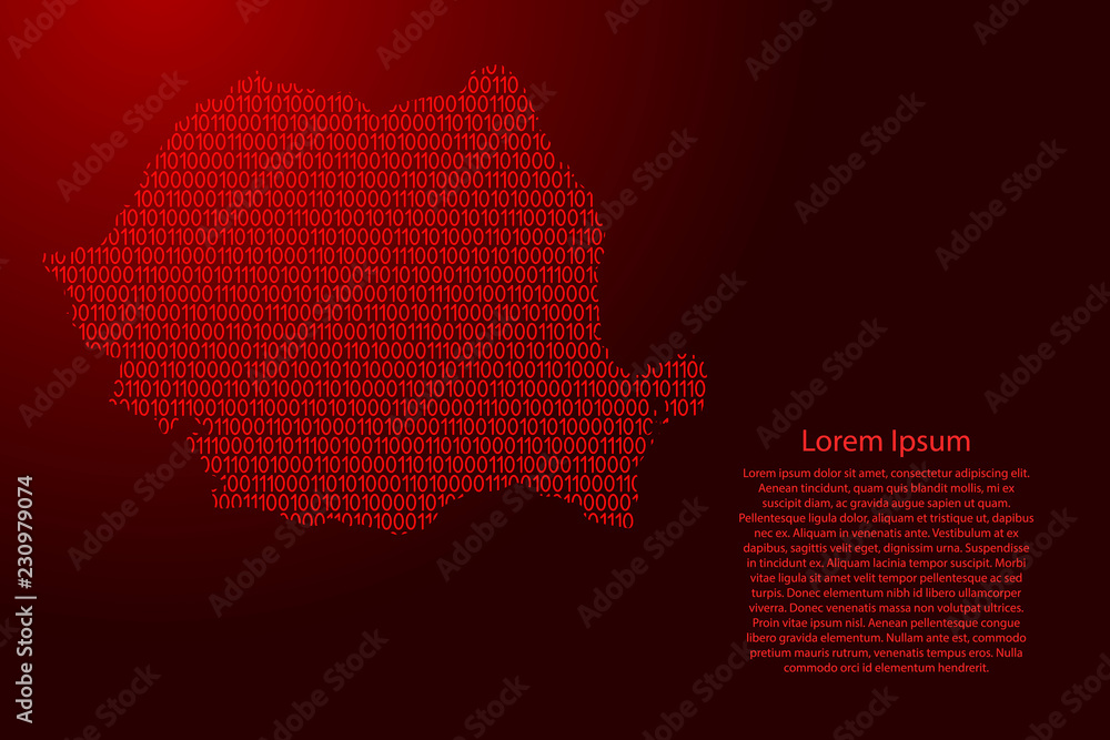 Romania map abstract schematic from red ones and zeros binary digital code with space stars for banner, poster, greeting card. Vector illustration.