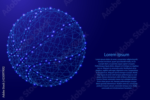 Basketball ball from futuristic polygonal blue lines and glowing stars for banner, poster, greeting card. Vector illustration.