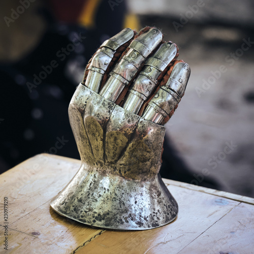A closeup of an antique steel glove