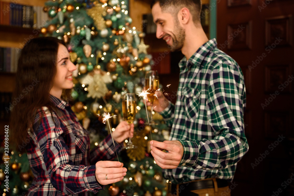 Merry Christmas and Happy New Year! Attractive young couple is celebrating holiday at home together, drinking champagne and smiling with Bengal lights in hand Merry Christmas and Happy New Year! Attractive young couple is celebrating holiday at home together, drinking champagne and smiling with Bengal lights in hand
