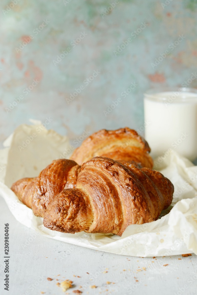 French fresh crispy croissant for breakfast, selective focus, copy space French fresh crispy croissant for breakfast, selective focus, copy space