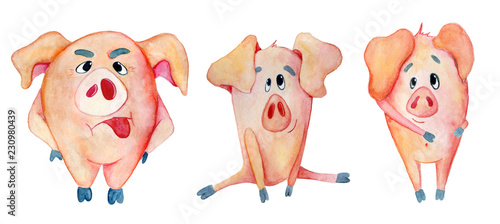 Cute Christmas pigs. Symbol Chinese New Year. Watercolor illustration