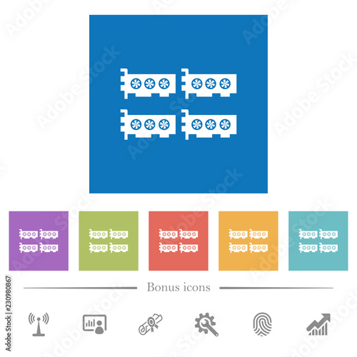 Cryptocoin mining farm flat white icons in square backgrounds