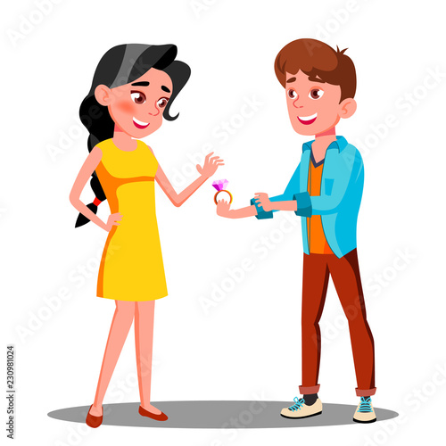 Young Man Gives An Engagement Ring To Happy Girl Vector. Isolated Illustration