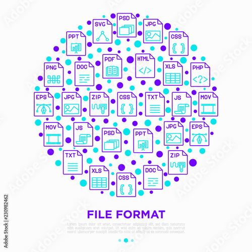 File formats concept in circle with thin line icons: doc, pdf, php, html, jpg, png, txt, mov, eps, zip, css, js. Modern vector illustration, print media template.