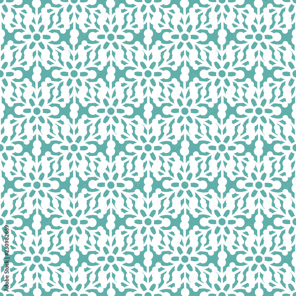 Seamless pattern with white snowflakes and on a turquoise background