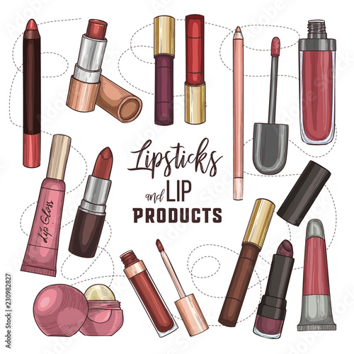 Set of lipsticks and lip glosses