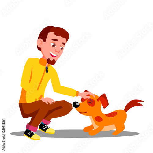 Teen Guy Volunteer Feeding Dog In Shelter Vector. Isolated Illustration