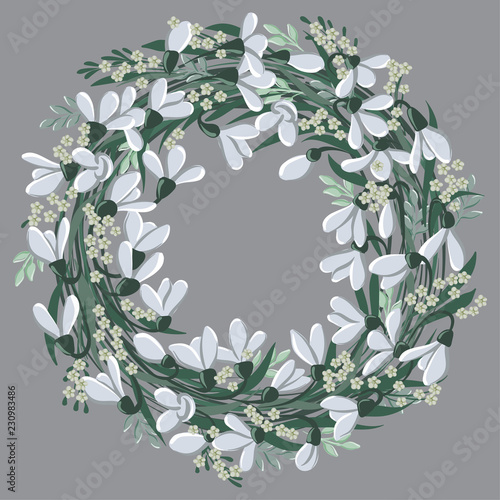vector drawings of round wreath with leaves and bellflowers, floral frame