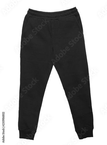 Фотография Blank training pants color black front view on white background