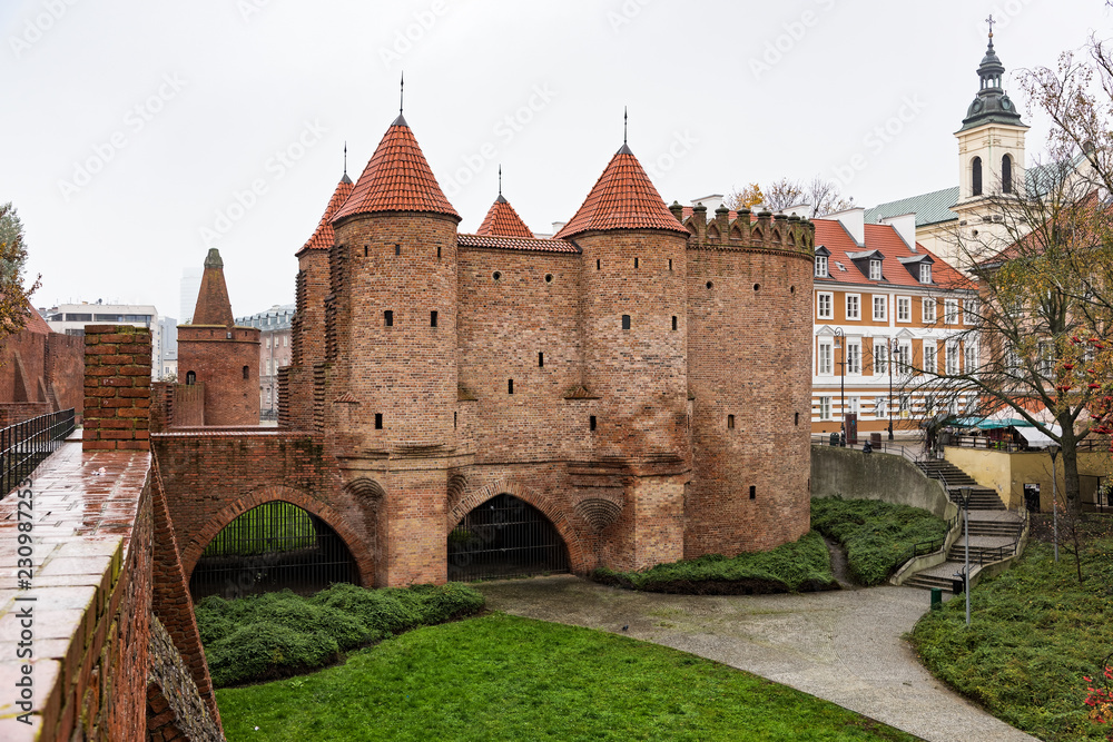 View of the restored Barbican in the old town of Warsaw in Poland