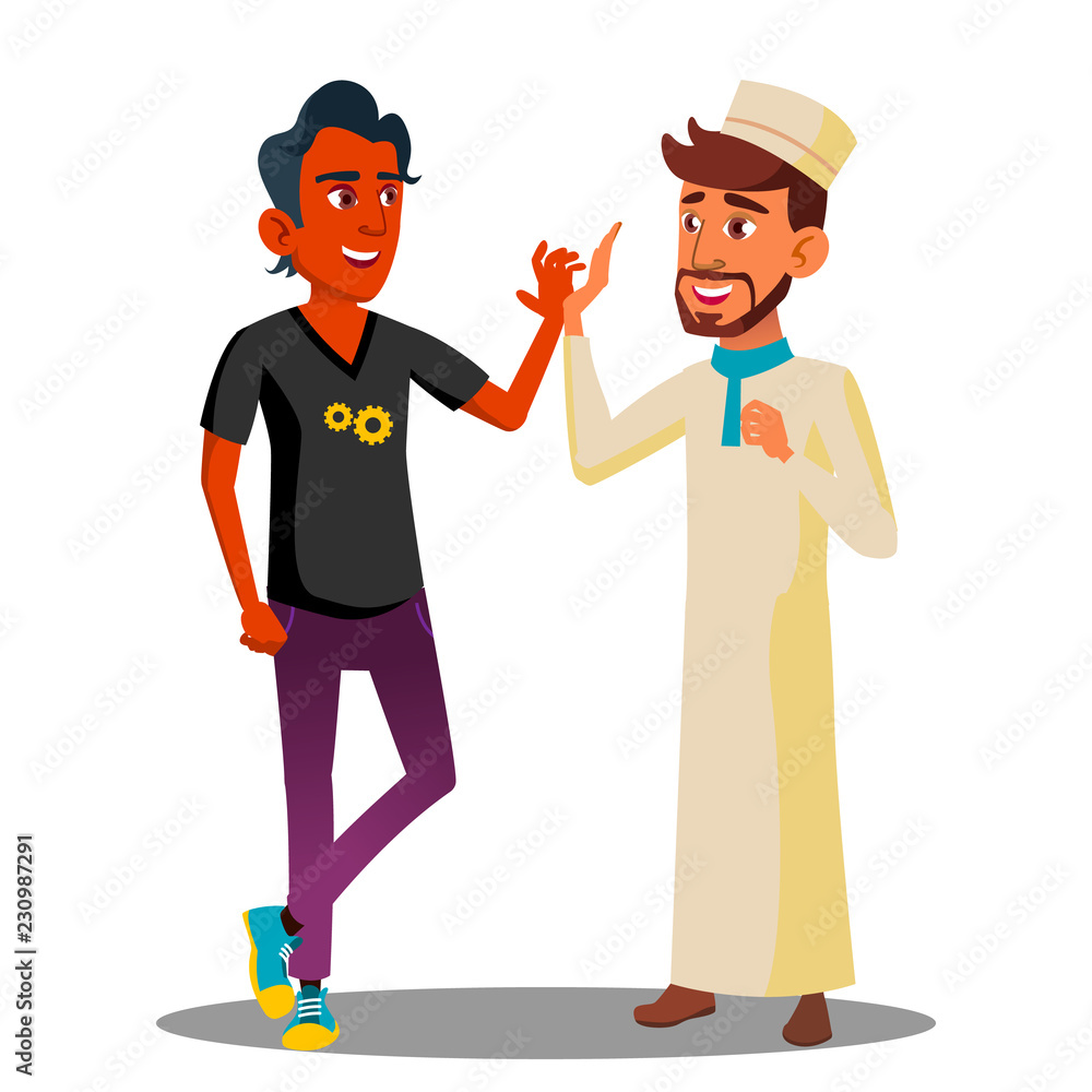 Two Teenagers Giving Five To Each Other, Arab, Indian Guy Vector. Isolated Illustration