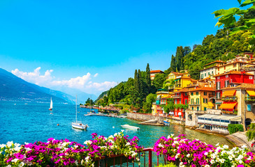 Tableau sur plexiglas Bleu Varenna town, Como Lake district landscape. Italy, Europe.  © stevanzz