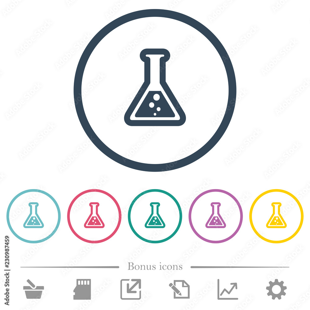 Flask with liquid flat color icons in round outlines Flask with liquid flat color icons in round outlines