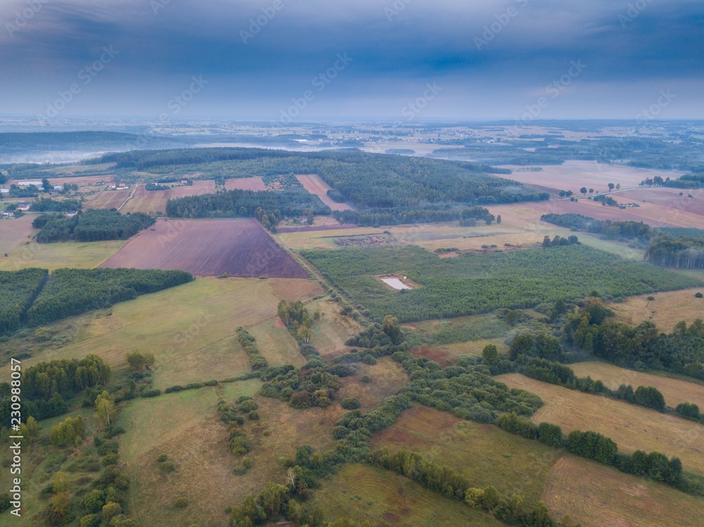 Beautiful foggy polish landscape photographed from drone