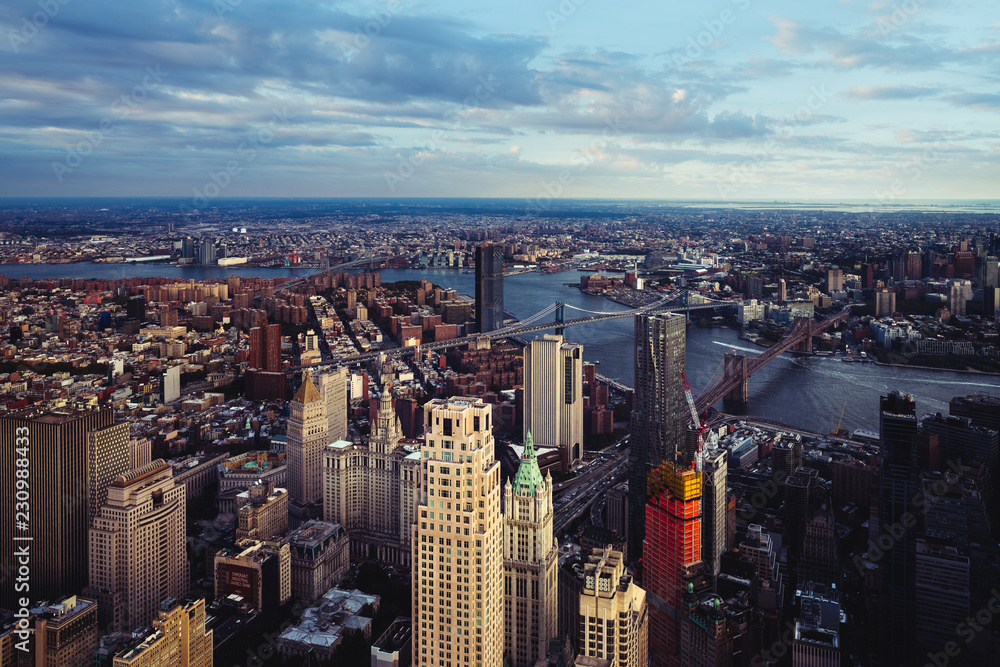 Aerial view of lower Manhattan looking at the Brooklyn bridge, NYC USA
