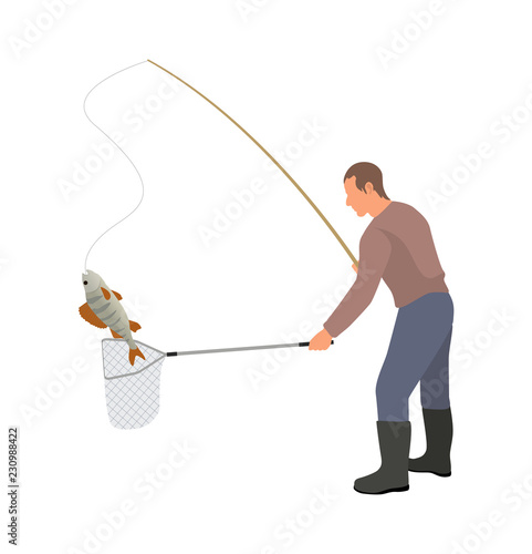 Fisherman with Landing Net and Catch Illustration
