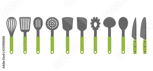 Colorful cooking utensil set of tools. Kitchen tools vector cartoon icons. Slotted turner, spoon, knives, whisk, pasta server icons. photo