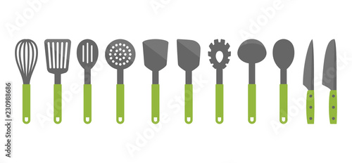 Colorful cooking utensil set of tools. Kitchen tools vector cartoon icons. Slotted turner, spoon, knives, whisk, pasta server icons.