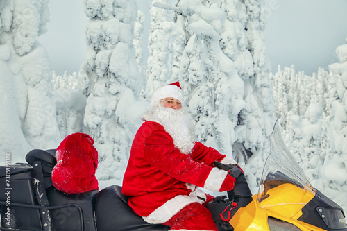 Authentic Santa Claus is riding a snowmobile through the winter forest.