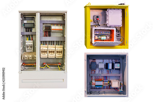 electrical control and monitoring cabinets for various purposes, isolated on white background