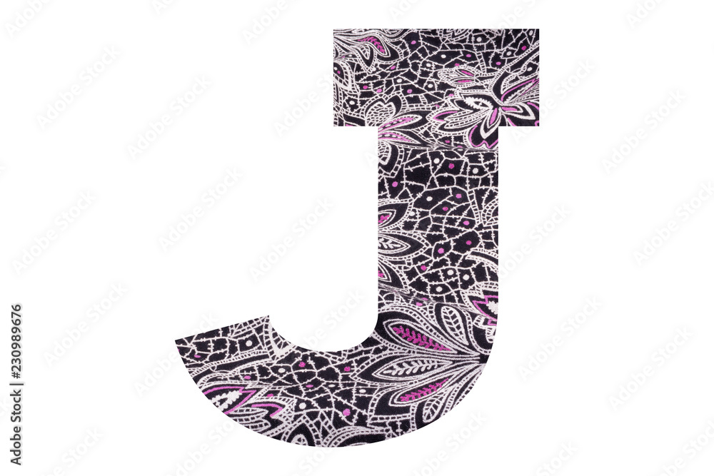 Letter J – with floral fabric texture on white background Letter J – with floral fabric texture on white background