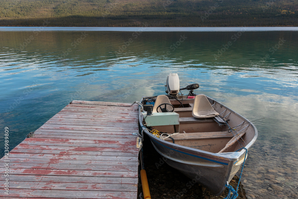 Fisher boat near Crag lake near Cracross, Yukon Canada.
