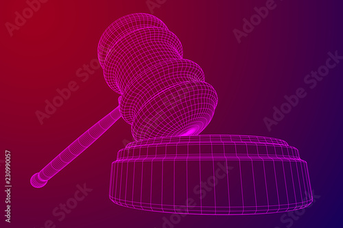 Gavel, hammer of judge or auctioneer. Wireframe low poly mesh vector illustration