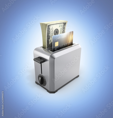 Modern concept of fast loans and payments Credit cards and stack of money american hundred dollar bills in the toaster isolated on blue gradient background 3d render