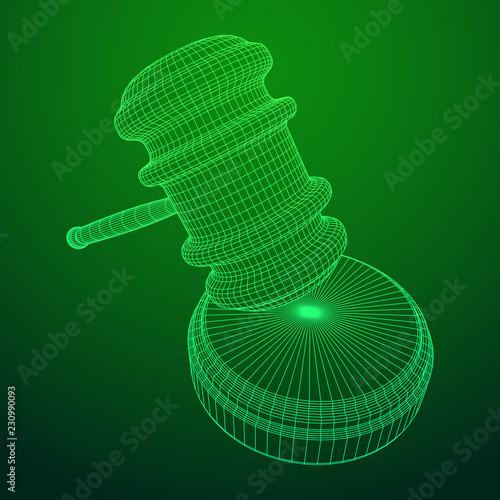Gavel, hammer of judge or auctioneer. Wireframe low poly mesh vector illustration