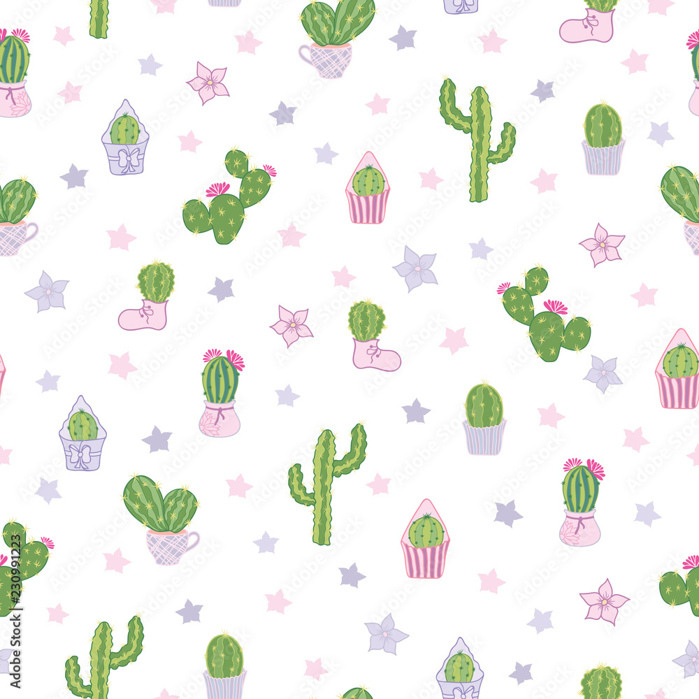 Vector colorful cacti tea party seamless pattern with white background. Cute  design with wild and houseplant cacti in pots, boots, muffin cups.  Excellent for kids room decor, fabric, wallpaper. Stock Vector |