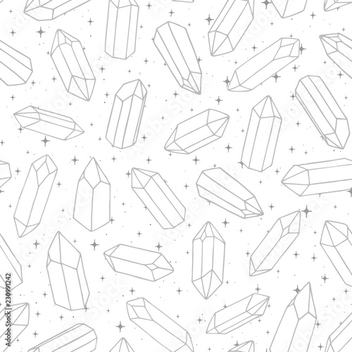 Hand drawn vector seamless pattern with crystals outline on the white background. Gemstones with stars.