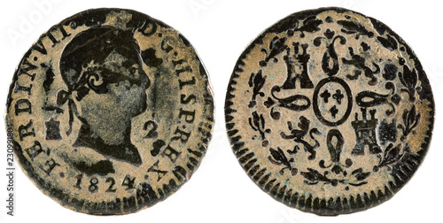 Ancient Spanish copper coin of the King Fernando VII. 1824. Coined in Segovia. 2 Maravedis. photo