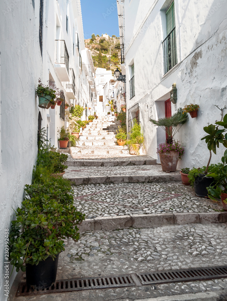 Street of white walls in a village of Andalusia called Frigiliana