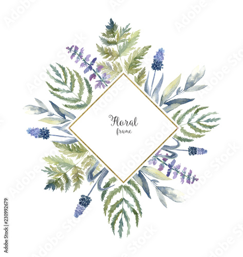 Watercolor herbarium frame with flowers. Art card with forest leaf, blue fern, lilac.
