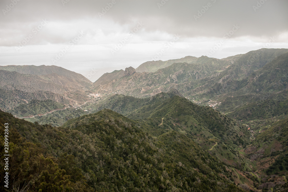 Outlook panoramic view with mountains and a green valley in La Gomera, Spain