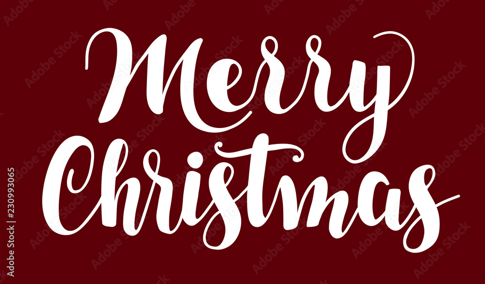 Merry Christmas vector text Calligraphic Lettering design isolated on red background.