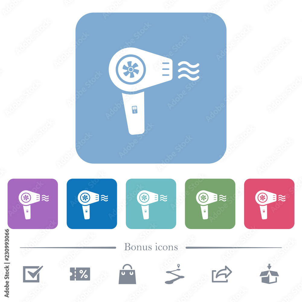 Hairdryer with propeller flat icons on color rounded square backgrounds Hairdryer with propeller flat icons on color rounded square backgrounds