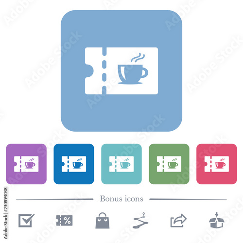 Coffee house discount coupon flat icons on color rounded square backgrounds photo