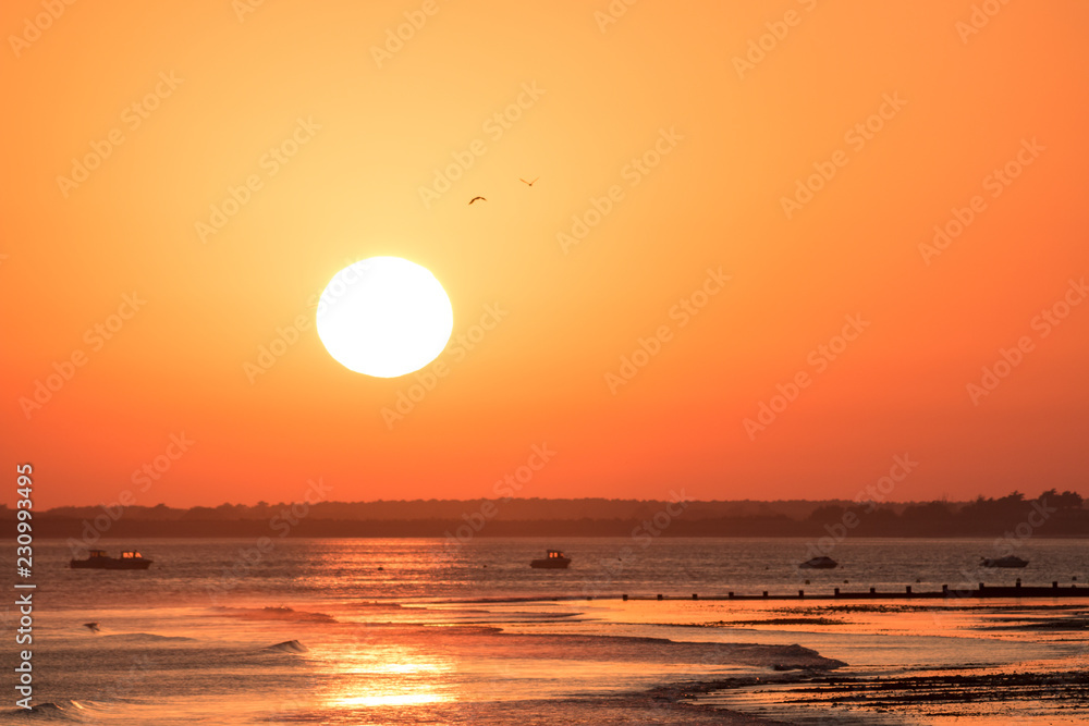 Warm orange sunset with huge sun at atlantic ocean coastline