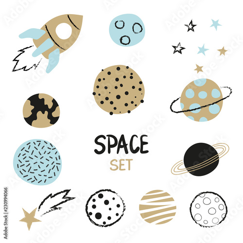 Set of hand drawn space element - rocket, planets and stars. Childish vector illustration.