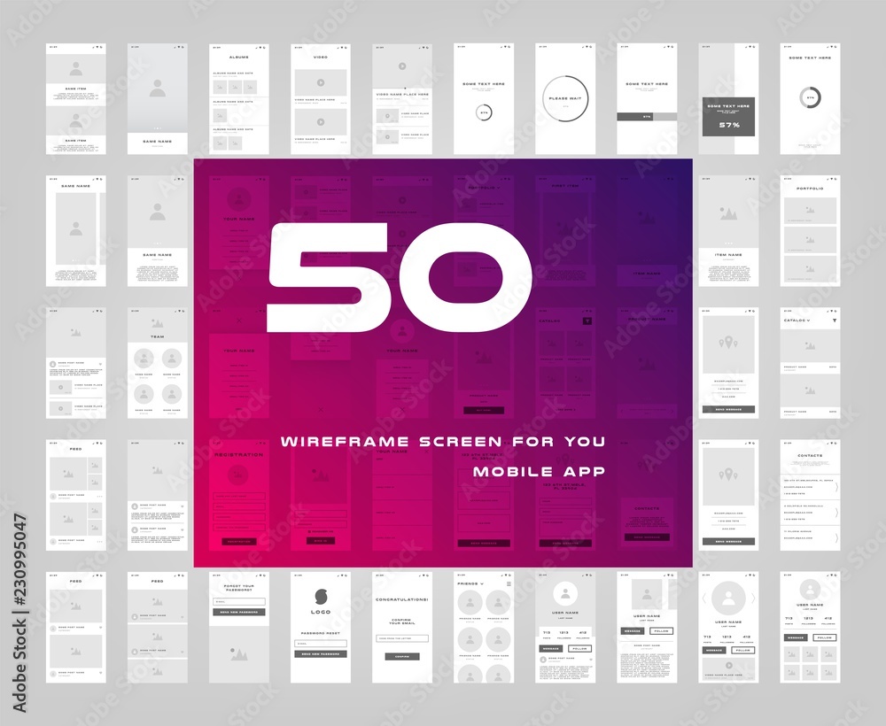 50 in 1 UI kits. Wireframes screens for your mobile app. GUI template on the topic of singup login . Development interface with UX design. Vector illustration. Eps 10