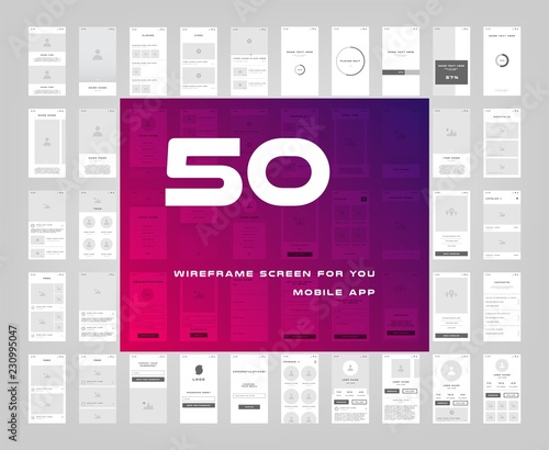 50 in 1 UI kits. Wireframes screens for your mobile app. GUI template on the topic of singup login . Development interface with UX design. Vector illustration. Eps 10