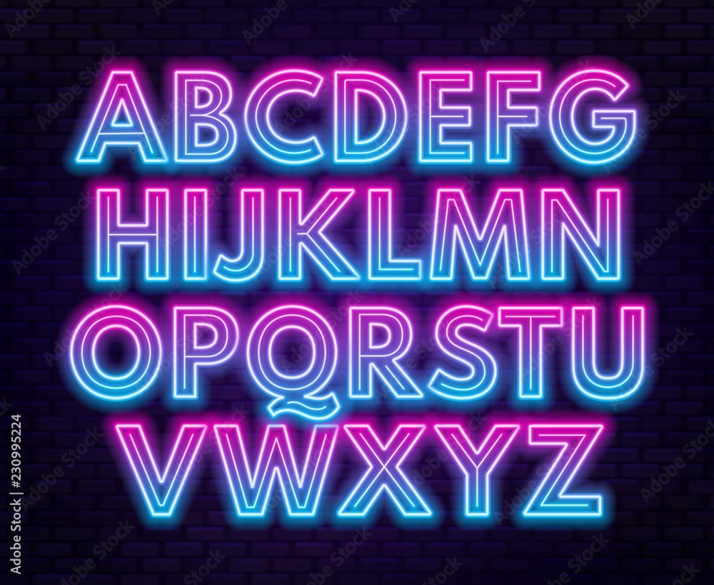 Pink blue gradient neon alphabet on a dark background . Capital letter.
