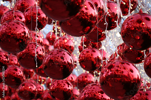 Red Christmas balls decorate the outside of Department store for New Year Festival celebrate background Bangkok Thailand