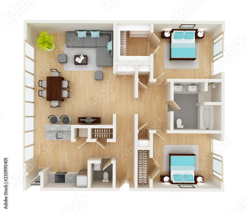 Floor plan of a house top view 3D illustration. Open concept living room, two bedroom layout.
