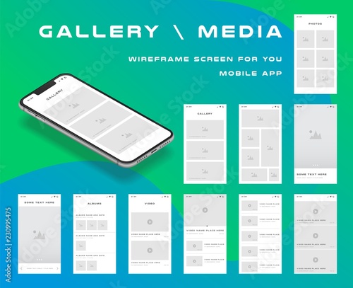 10 in 1 UI kits. Wireframes screens for your mobile app. GUI template on the topic of gallery media . Development interface with UX design. Vector illustration. Eps 10