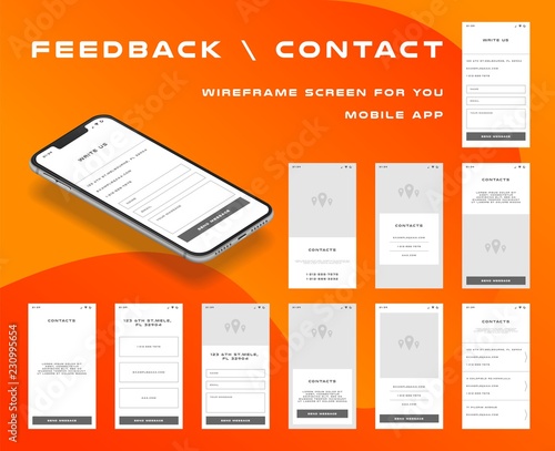 10 in 1 UI kits. Wireframes screens for your mobile app. GUI template on the topic of Portfolio . Development interface with UX design. Vector illustration. Eps 10