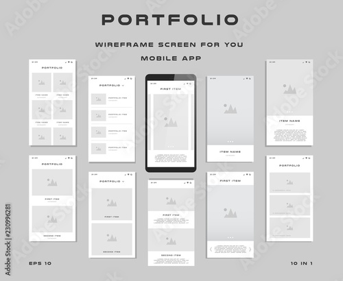 10 in 1 UI kits. Wireframes screens for your mobile app. GUI template on the topic of Portfolio . Development interface with UX design. Vector illustration. Eps 10