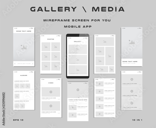 10 in 1 UI kits. Wireframes screens for your mobile app. GUI template on the topic of gallery media . Development interface with UX design. Vector illustration. Eps 10